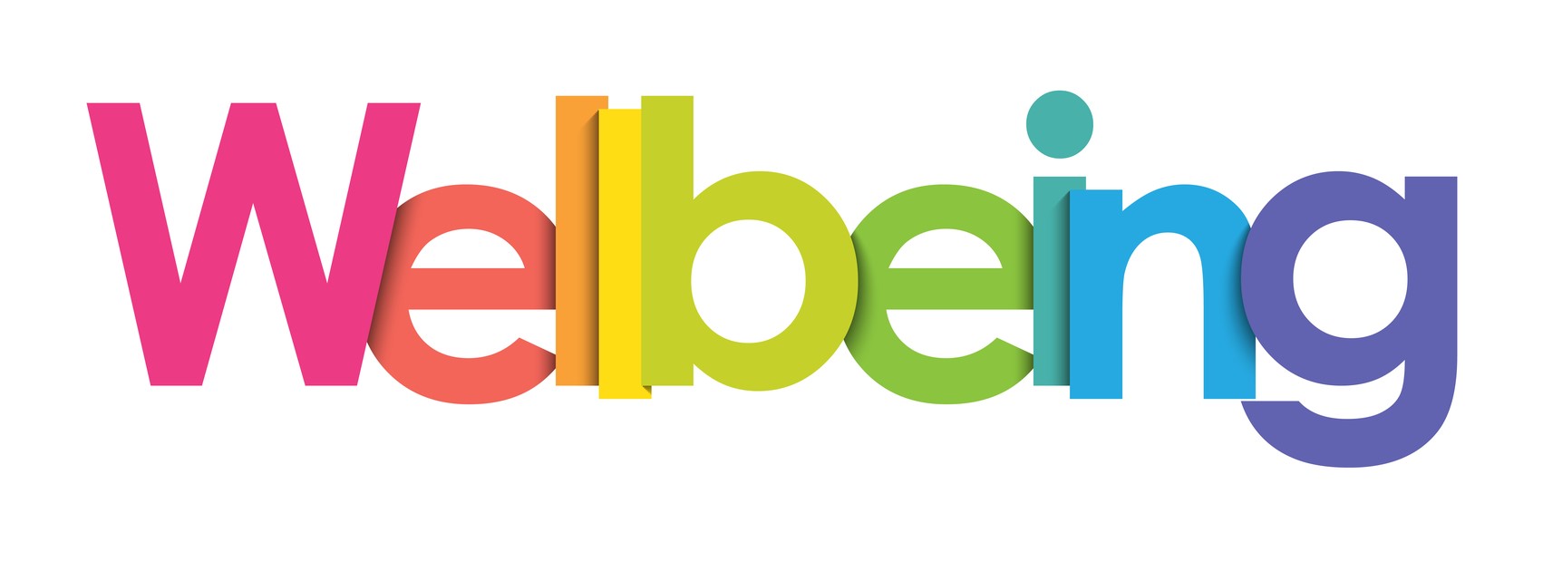 "Wellbeing" is written in bright, rainbow letters